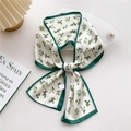 French style long silk scarf with white floral print and dark green border detail - 10X Floral Pattern Green Edge