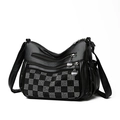 Sac bandoulière en cuir grainé noir avec motif damier en strass et fermetures éclair - Style Strass Damier (9611-7)
