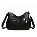 Black pebble leather crossbody bag with multi-zipper pockets and rivet base detail - Rivet Bottom Decor Style (9611-1)