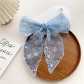 Elegant light blue lace hair scarf bow with floral patterns and long flowing ribbons - 14*130cm / Blue