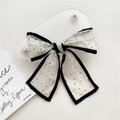 French style white polka dot bow hair ribbon with black piping and textured fabric - Flocked Polka Dot White