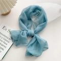 Light blue translucent silk scarf with white wavy embroidered lace edges and thin ribbon style - Light Blue