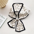 Elegant floral skinny scarf in cream with brown blossoms and black contrast border - 11X Floral Pattern Black Edge