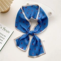 Long silk scarf with red floral print on blue background and light gray edges - 15X Four-Petal Flower Blue