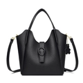 Classic black leather bucket handbag with twin handles and detachable shoulder strap - Black