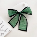 French style green polka dot mesh hair ribbon with black contrast binding and elegant bow - Flocked Polka Dot Green