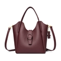 Burgundy litchi grain leather bucket bag with bear pendant and round buckle strap - Fuschia