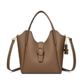 Brown lychee leather bucket bag with top handle and cute bear charm accessory - Brown