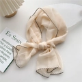 Elegant beige skinny silk scarf with black wave edges for hair or wrist styling - Apricot