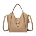 Litchi pattern leather bucket bag in beige with cute bear pendant and top handles - Khaki