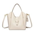 Elegant cream leather bucket bag with litchi grain texture and detachable strap - White