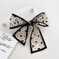 Narrow silk scarf style hair ribbon with clover pattern and long bow design - Pink Heart Clover