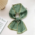 Grass green narrow silk scarf with white geometric chain pattern tied as a bow knot - 18X Striped C-Buckle Green