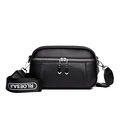 Black pebbled leather crossbody square bag with dual zippers and wide fabric strap - Black