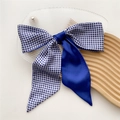 Blue and white plaid bow hair ribbon with long streamers on a wooden tray - Blue Plaid (15X)
