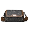 Sac polochon en jacquard noir rétro avec bordure en cuir marron et large bandoulière - Noir