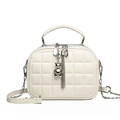 White quilted crossbody bag with silver bear charm and leather chain strap on white background - White