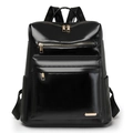 Glossy black leather backpack for women with gold hardware and multiple zipper pockets - Black