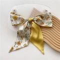 Narrow silk scarf with vintage yellow tulips and white flowers on a creamy background - 8*110cm / Tulip Yellow
