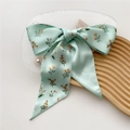 Mint green floral silk hair ribbon scarf with large bow and elegant long streamers - Cyan Dendrobium Orchid (4X)