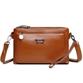 Brown PU leather crossbody bag with multiple zippers and metal bow charm for women - Brown