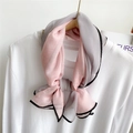 Pink and light gray patchwork long silk scarf tied on a white shirt in a minimalist style - 70*90cm / Pink and Grey Patchwork