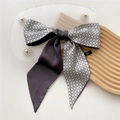 Dual-sided skinny scarf with star patterns and black satin finish in a bow shape - 8*110cm / Small Grey Houndstooth