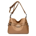 Brown litchi grain leather crossbody bag with adjustable strap and front zipper pocket - Khaki