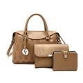 Ensemble 3 pièces de sacs en cuir PU marron avec grand cabas, pochette et portefeuille - Kaki