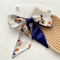 Narrow satin hair ribbon with floral cherry print and navy blue contrast reverse - 8*110cm / Cherry Blossom