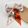Narrow silk hair ribbon with cherry print and orange back, tied in a delicate bow style - 8*110cm / Strawberry Cherry