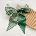 Green gingham and satin patchwork bow hair tie with long streamers on wooden tray - Green Plaid (20X)