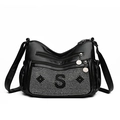 Black pebbled leather shoulder bag with sparkling silver rhinestone S-pattern design - Letter S Star Style (9611-5)