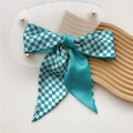 Classic blue and white checkerboard satin bow hair scarf with long elegant streamers - 8*110cm / Cyan Checkerboard