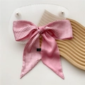 Elegant pink and white checkered satin hair scarf ribbon with long bow design - Pink Plaid (17X)