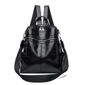 Versatile black polished leather backpack for women with removable woven shoulder strap - Black