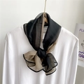 Elegant skinny silk scarf in black and khaki color block design for hair or wrist - 70*90cm / Black and Grey Patchwork