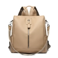 Beige oxford fabric backpack for women featuring multiple straps and vertical front zipper - Khaki
