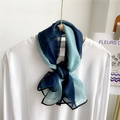 Long patchwork silk scarf in navy and light blue, styled as a headband or wrist wrap - 70*90cm / Cyan Navy Splicing