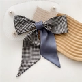 Classic black and white plaid bow hair tie with grey-blue satin ribbon streamer - Grey Plaid (16X)