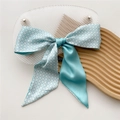 Blue and white houndstooth silk-like narrow ribbon scarf tied in an elegant bow - 8*110cm / Small Cyan Houndstooth