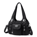 Classic black multi-pocket shoulder bag in soft PU leather with floral charm detail - Purple