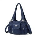 Retro deep blue multi-pocket faux leather shoulder bag with silver floral pendant - Blue