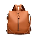 Women's minimalist caramel brown oxford backpack with silver hardware and vertical zipper - Yellow