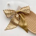 Narrow silk scarf headband with yellow and white checkerboard pattern in bow style - 8*110cm / Yellow Checkerboard