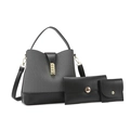 Three-piece women bucket bag set with contrast gray fabric and black leather trim - Three-Piece Set / Black