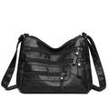 Borsa a tracolla nera in pelle martellata con tasche multiple a cerniera e tracolla regolabile - Nero