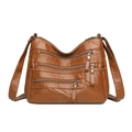Retro large capacity dark brown soft leather shoulder bag with multi-pocket design - Brown