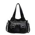Borsa tote retrò in pelle PU nera con anelli in metallo argentato e manici - Nero