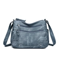 Washed PU leather crossbody bag with multiple zippers and large capacity in vintage blue - Blue